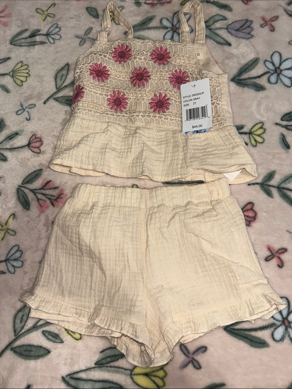 btween Cream Embroidered Floral Crop Top & High Waist Shorts Set